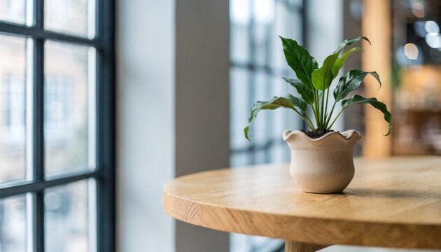 A small, vibrant green potted plant sits on a round, light-colored wooden table near a large window with a grid pattern.