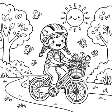 Happy girl wearing helmet rides bicycle with basket full of flowers on sunny day surrounded by trees and butterflies, enjoying cheerful outdoor adventure