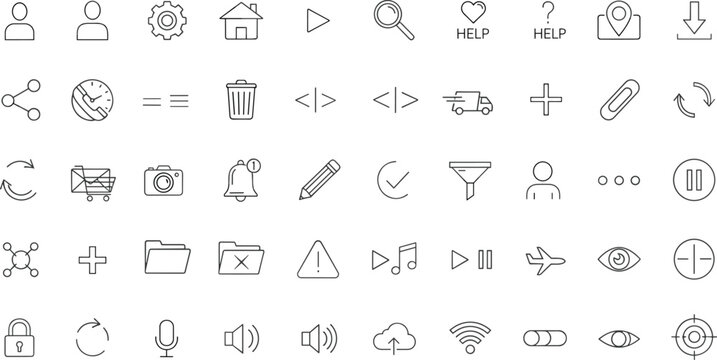 Collection of Editable Vector Icons for User Interface, Web Design, and Mobile App with Navigation, Media, and Settings