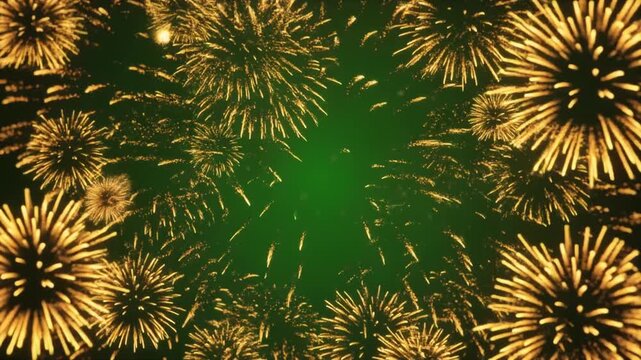 Golden fireworks bursting in radial patterns against bright green background, dynamic celebratory display symbolizing festivals and special events.