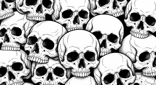 Vintage hand drawn skull pattern, monochrome human anatomy vector illustration, gothic horror skulls background for apparel and posters