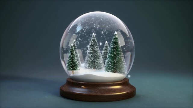 Snow globe with wooden base, evergreen trees inside covered in snow, white particles simulating snowfall against dark gradient background.