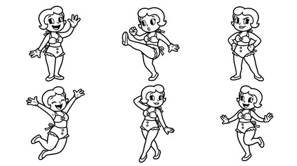 Fototapeta premium This image features a charming collection of retro cartoon characters wearing stylish swimwear, showcasing playful poses that capture joy and nostalgia in a fun, lively manner.