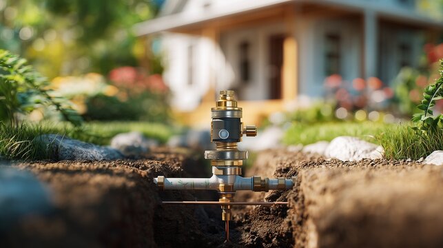 Backflow preventer installation in lawn trench with copper pipe and valve near residential water line, symbolizing plumbing repair and water protection.