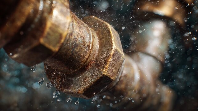 Close-up of a corroded metal backflow preventer union and pipe fitting during plumbing repair and installation, showing leakage and mineral buildup.