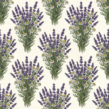 Lavender bouquet with chamomile flowers arranged in seamless repeating pattern, featuring delicate purple and white blooms with green leaves on light background