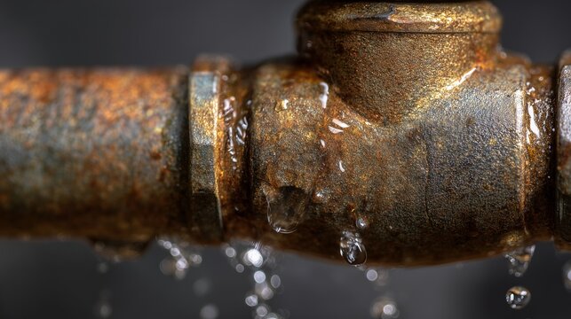 Rusty leaking backflow preventer fitting on metal pipe with water drop leakage, indicating repair and installation need for plumbing backflow device.