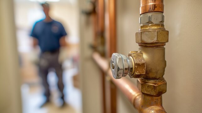 Close-up of a brass backflow preventer assembly on copper pipe in a residential plumbing setting, with technician blurred in background indicating repair and installation.