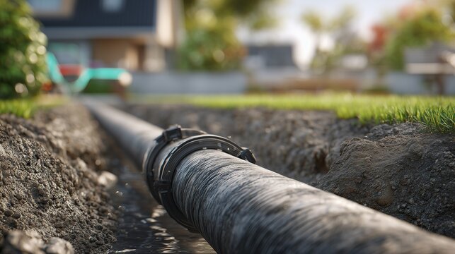 Underground pipe being rehabilitated using trenchless pipe lining method, showing liner insertion in a residential excavation for minimal surface disruption.