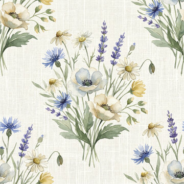Watercolor floral bouquet with lavender, daisies, and poppies on linen texture background, creating soft and elegant country style pattern with natural colors and delicate details