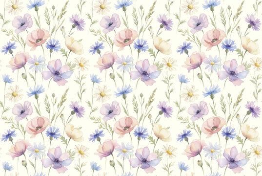 Watercolor seamless pattern with pastel meadow flowers including daisies, cornflowers, and poppies on ivory background creating soft and delicate floral design