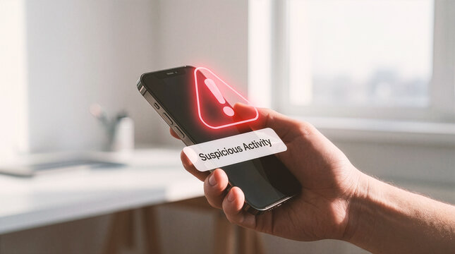 Smartphone displaying a glowing red holographic warning triangle and suspicious activity alert held in a bright office.
