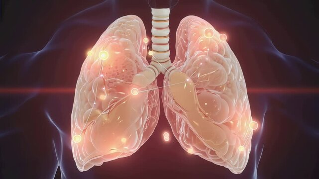 Inside human lung alveoli, soft organic balloon-like structures expanding and contracting,
tiny oxygen particles glowing gently as they pass into bloodstream
