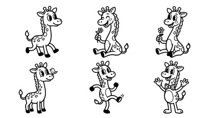 Naklejka premium This delightful image features adorable cartoon giraffes showcasing various joyful expressions while holding flowers, perfect for children's themes and playful designs.