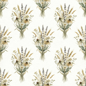 Rustic prairie bouquet with dried grasses and wildflowers in soft watercolor style, seamless pattern for wallpaper or fabric design, evoking calm and natural beauty