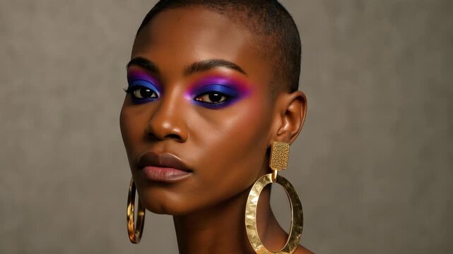 Stunning African American woman with a buzz cut and colorful eyeshadow looking at the camera. Beautiful model with flawless skin and large gold earrings posing in a studio with a neutral background