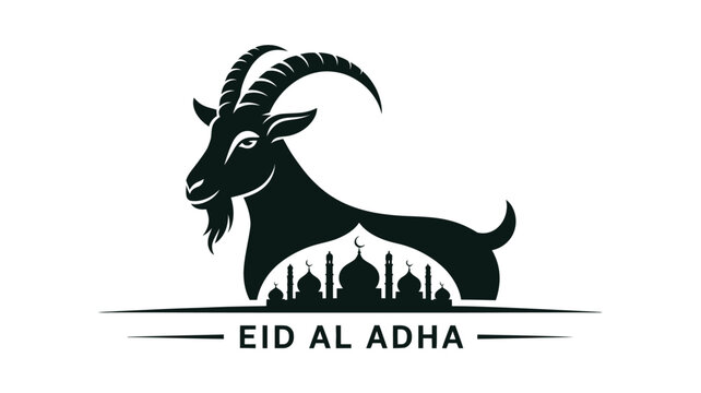 Eid Al Adha greeting card vector, sacrificial goat silhouette with mosque dome illustration, Islamic festival celebration banner with black ram icon