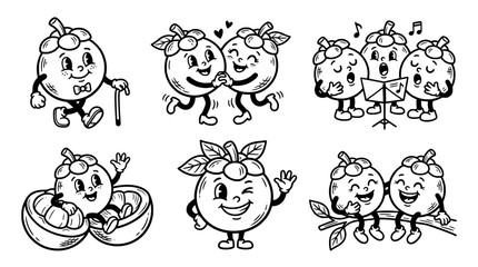 Fototapeta premium A playful depiction of joyful cartoon mangosteens expressing emotions through dancing, singing, and other fun activities, ideal for children's illustrations.