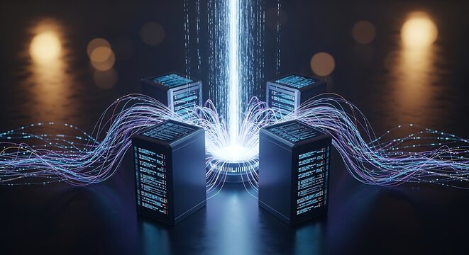 Data center server racks with glowing fiber optic cables and digital data streams