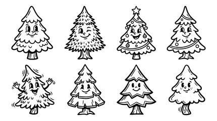Obraz premium This delightful collection showcases charming cartoon Christmas trees with smiling faces, embodying the festive spirit and joy of the holiday season.