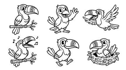 Naklejka premium This charming image features vibrant toucan characters in playful poses, making it perfect for tropical-themed content, children's materials, or joyful branding representations and illustrations.