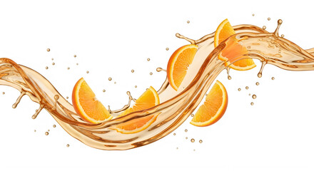 Fototapeta premium Orange juice splash with fruit slices isolated on transparent background