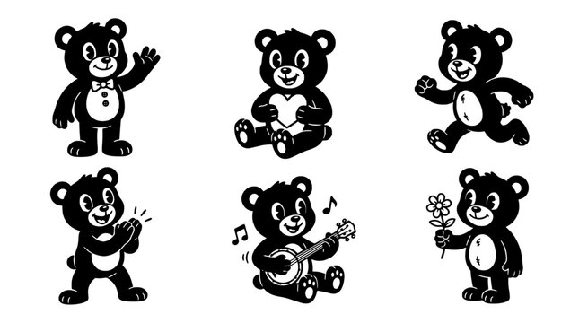 This fun illustration showcases cute cartoon bears in various poses, each expressing different emotions and activities such as playing, singing, and loving life. Ideal for children's themes.
