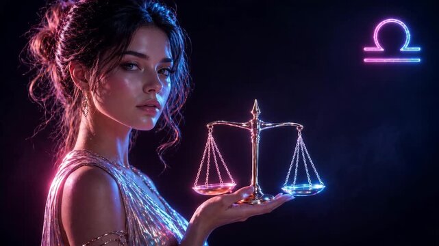 Woman holding balance scales under glowing libra zodiac symbol, stylish portrait for horoscope content, harmony themes, beauty visuals, fashion campaigns and creative digital advertising use.
