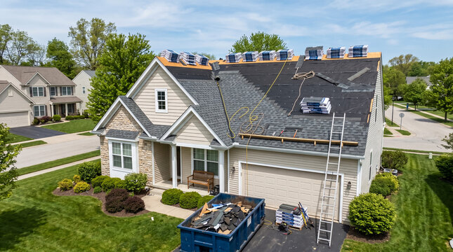 An aerial view of a suburban house undergoing a roof replacement, featuring new shingles on one side and a construction dumpster in the driveway.