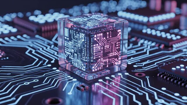 Transparent cube with circuit board inside on motherboard symbolizing conceptual art and dynamic energy