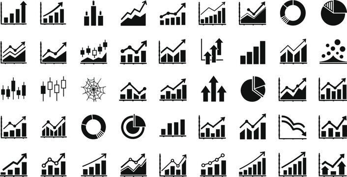 Set of Black and White Business and Financial Chart Icons &ndash; Graphs, Arrows, Pie Charts, and Analytics Symbols