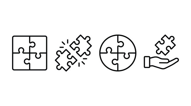 Puzzle pieces icon set. Puzzle jigsaw outline icons on white background - stock vector.