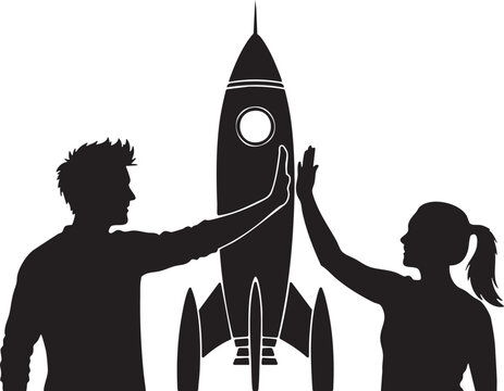 Rocket ship silhouette with people giving a high five black and white vector illustration on a white background high quality professional