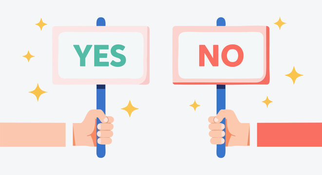 Flat vector illustration of hands holding yes and no signs, voting placards for feedback and decision making, choice and opinion concept