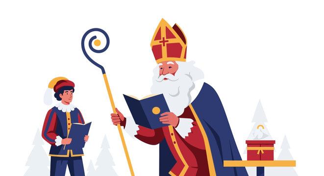 Saint Nicholas and Zwarte Piet with gifts and book illustration