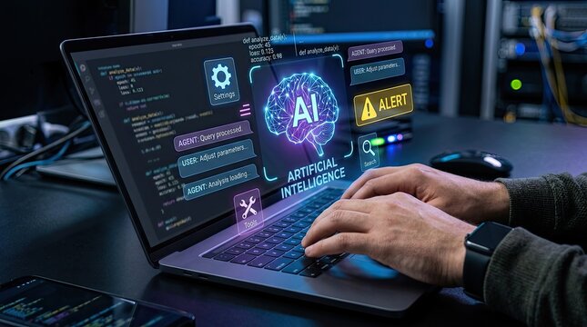 Programmer working on laptop with AI interface and code, showcasing artificial intelligence development.