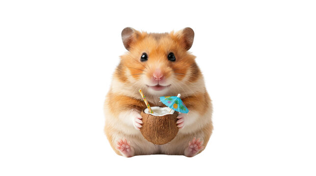 Hamster holding a coconut drink with a small umbrella, AI, PNG