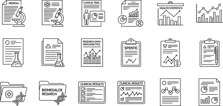 Set of Medical, Research, and Clinical Trial Icons in Line Art Style for Health Statistics, Data Analysis, and Research Illustrations