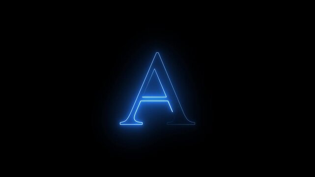 Neon glowing A capital latter text icon animation on black background. Blue color text icon.