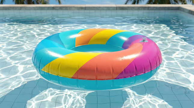 Inflatable ring in bright colors sits in clear water, created AI