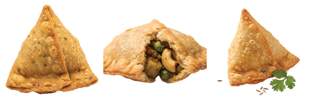 Traditional Indian samosas with crispy golden crust, vegetable samosa filled with peas and potatoes, authentic spicy fried pastry snacks isolated on Transparent Background