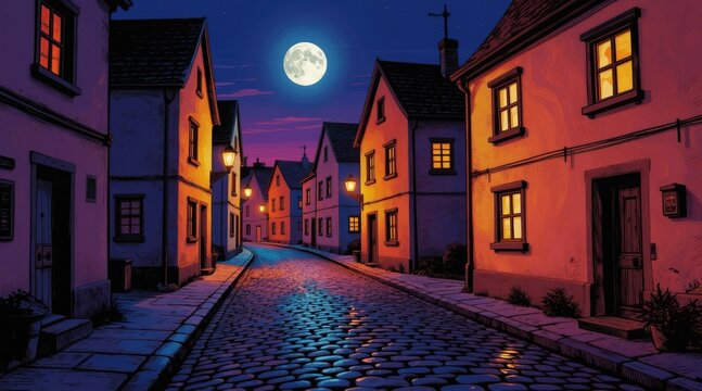 Nighttime view of old cobblestone street in European town. Buildings with lit windows line the road. Moon hangs in purple sky above the quiet scene.