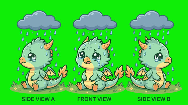 Cute Cartoon Dragon Crying Under Rain Clouds in a Sad Illustration.