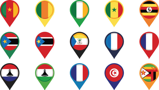 Set of Country Flags in Location Pin Icons for Travel, Geography, and Mapping Designs &ndash; Vector Illustrations
