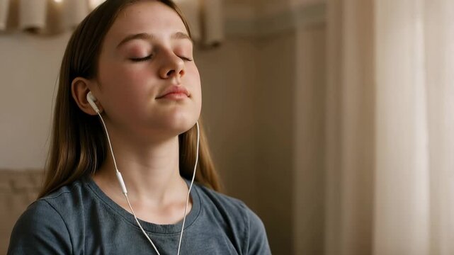 Calm young girl with closed eyes wearing earphones listening to a guided meditation on her smartphone, practicing mindfulness and relaxation techniques for mental well being at home