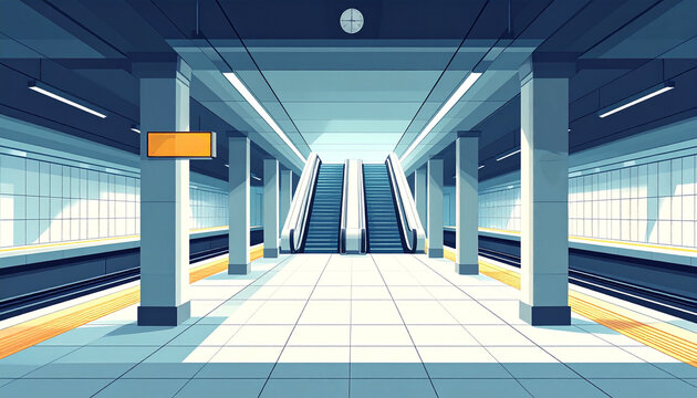 Empty subway station platform with escalators and modern interior
