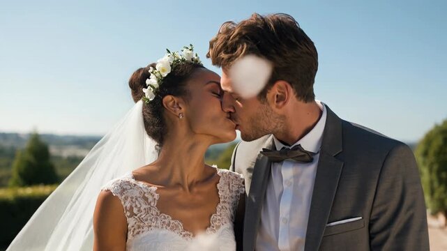 Joyful wedding couple celebrating with sparklers and a romantic kiss. A happy bride and groom share a tender moment and celebrate their union