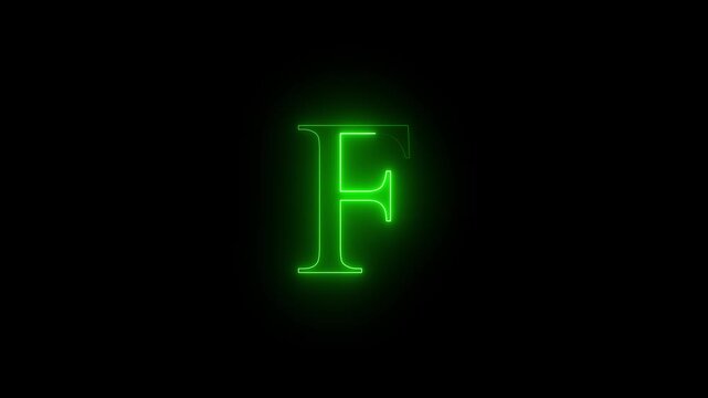 Neon glowing F capital latter text icon animation on black background. Green color icon.