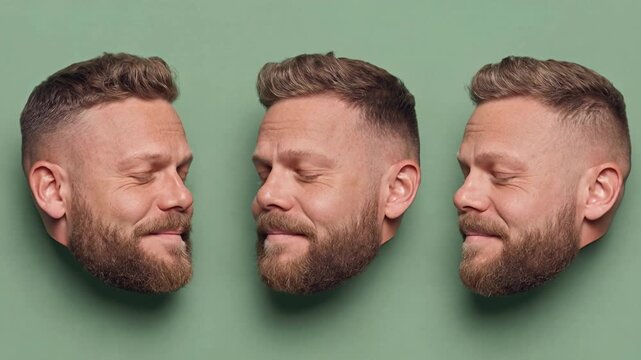 Man's face montage with varied expressions and angles on a green background. A series of close-ups showcasing a man's face from different perspectives and with diverse emotions