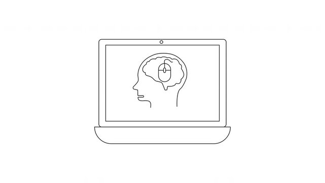 Minimalist Line Art of Laptop Displaying Human Head with Computer Mouse Inside Brain.